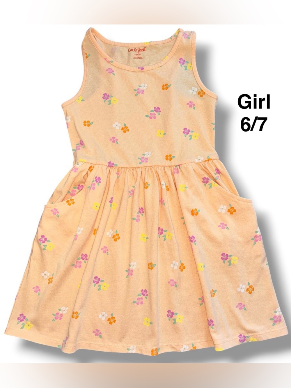Cat & Jack Peach Floral Tank Cotton Dress with Pockets size S 6-7